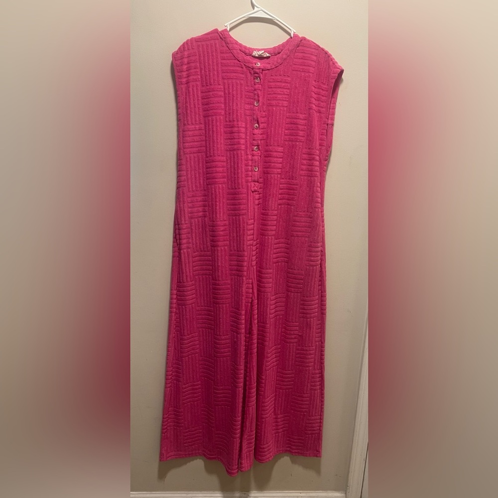 Bright Pink Terry Textured Sleeveless Button Front Wide Leg Jumpsuit